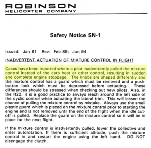 Robinson Safety Notice SN-1 
Inadvertent Activation of Mixture Control in Flight