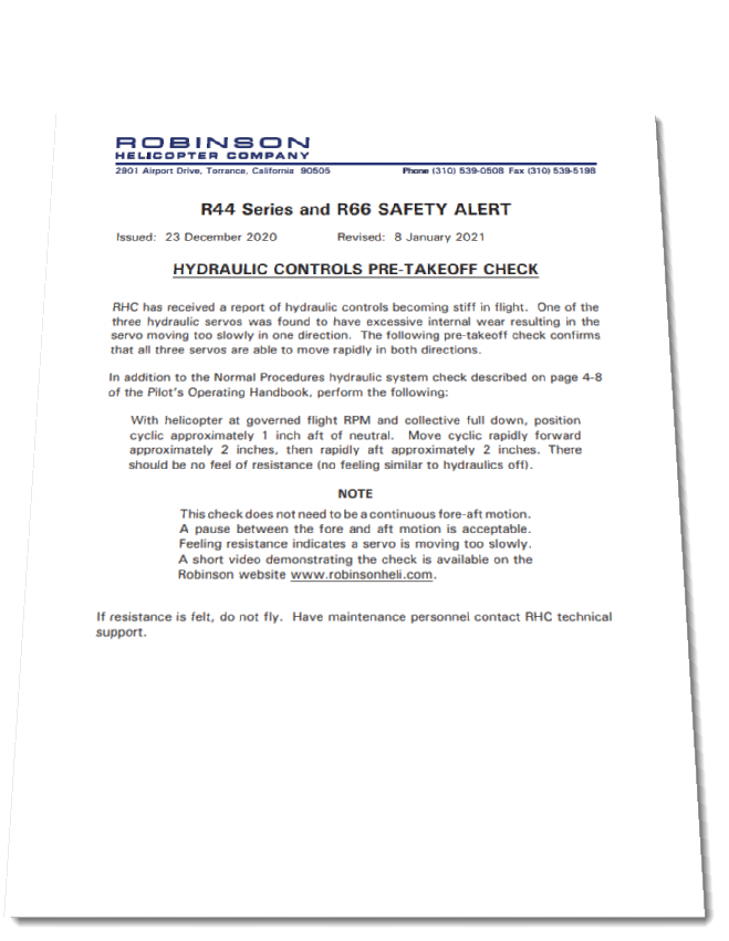 R44 & R66 Hydraulic Controls Pre-Takeoff Check Safety Alert