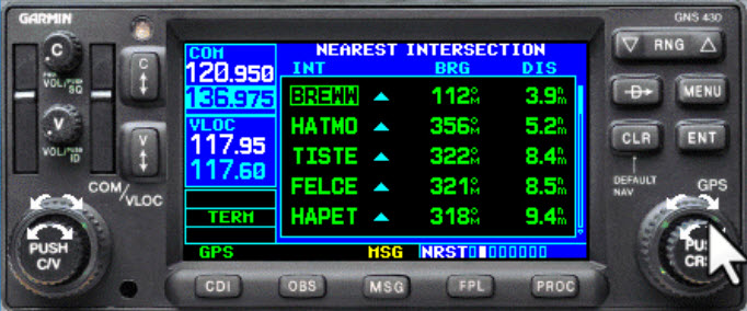 Garmin GNS 430 GPS on Nearest Intersection page