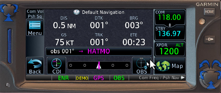 Garmin GTN 650 GPS showing OBS Mode